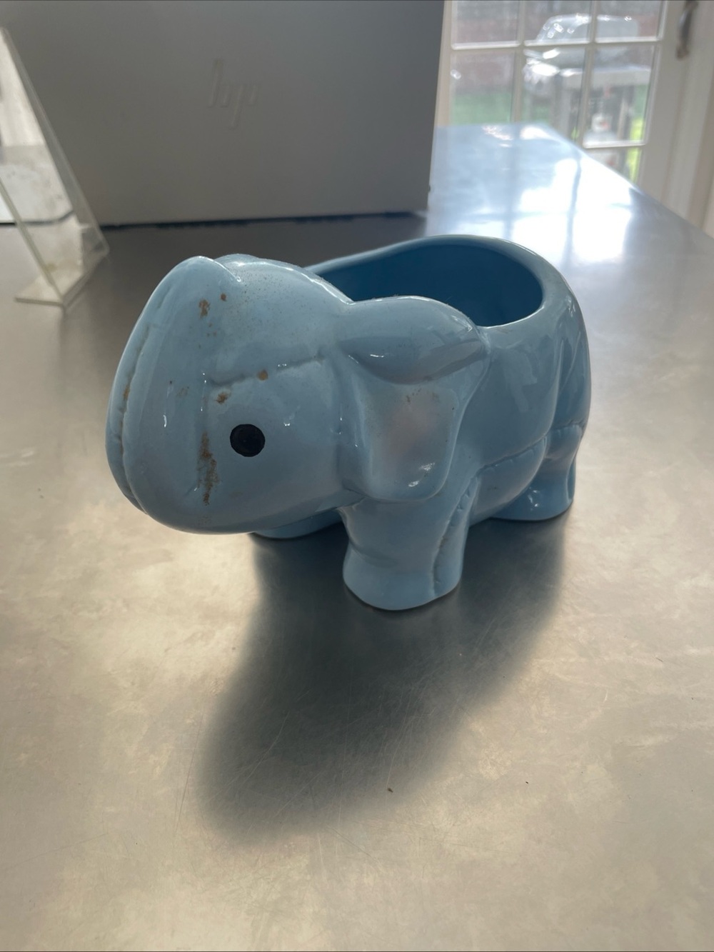 Baby Elephant Light Blue Ceramic Planter Trunk Up! Good Luck!